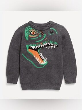 Old Navy Gray Sweater with Green & Orange Dinosaur